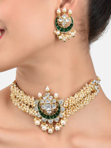 Women's Green Meenakari Clustered Pearls Patta Kundan Choker Necklace & Earring Set-ZPFK10236