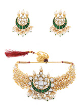 Women's Green Meenakari Clustered Pearls Patta Kundan Choker Necklace & Earring Set-ZPFK10236