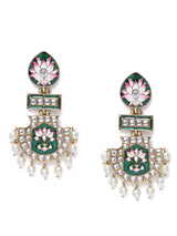 Women's Green and Pink Meenakari Lotus Design Kundan Dangle Earring