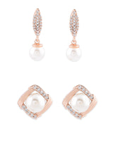Women's Rose Gold Cubic Zirconia Brass Drop and Stud Earrings - Pack of 2