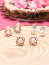 Women's Rose Gold Tone Cubic Zirconia and Pearls Contemporary Stud Earrings - Set of 3