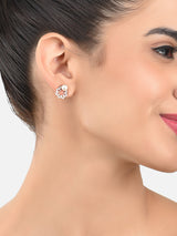 Women's Rose Gold Tone Cubic Zirconia and Pearls Contemporary Stud Earrings - Set of 3