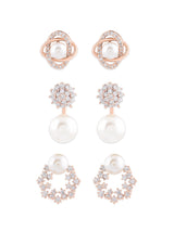 Women's Rose Gold Tone Cubic Zirconia and Pearls Contemporary Stud Earrings - Set of 3