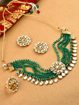 Women's Green Beads Ethnic Kundan Choker Necklace Earring & Ring Set-ZPFK10492