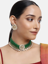 Women's Green Beads Ethnic Kundan Choker Necklace Earring & Ring Set-ZPFK10492