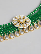 Women's Green Beads Ethnic Kundan Choker Necklace Earring & Ring Set-ZPFK10492