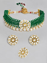 Women's Green Beads Ethnic Kundan Choker Necklace Earring & Ring Set-ZPFK10492