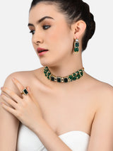 Women's Green Multistrand Beaded Ethnic Choker Necklace Earring & Ring Set