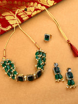 Women's Green Multistrand Beaded Ethnic Choker Necklace Earring & Ring Set
