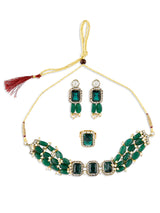 Women's Green Multistrand Beaded Ethnic Choker Necklace Earring & Ring Set