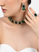 Women's Green Multistrand Beaded Ethnic Choker Necklace Earring & Ring Set