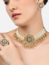 Women's Gold Tone Multistrand Kundan Choker Necklace Earring & Ring Set-ZPFK10769