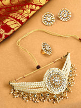 Women's Gold Tone Multistrand Kundan Choker Necklace Earring & Ring Set-ZPFK10769