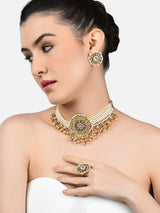 Women's Gold Tone Multistrand Kundan Choker Necklace Earring & Ring Set-ZPFK10769