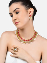 Women's Pink Kundan Traditional Necklace Earring & Ring Set-ZPFK10776