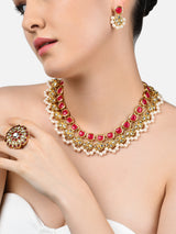 Women's Pink Kundan Traditional Necklace Earring & Ring Set-ZPFK10776