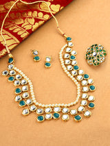 Women's Green Kundan Multi Layers Necklace Earring & Ring Set