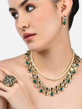 Women's Green Kundan Multi Layers Necklace Earring & Ring Set