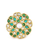 Women's Green Kundan Multi Layers Necklace Earring & Ring Set