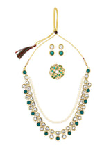Women's Green Kundan Multi Layers Necklace Earring & Ring Set