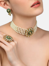 Women's Green Meenakari Multistrand Pearls Kundan Choker Necklace Earring and Ring Set