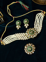 Women's Green Meenakari Multistrand Pearls Kundan Choker Necklace Earring and Ring Set