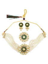 Women's Green Meenakari Multistrand Pearls Kundan Choker Necklace Earring and Ring Set
