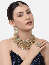 Women's Gold Tone Kundan Choker Necklace Earring Maangtikka and Ring Set