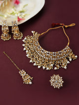 Women's Gold Tone Kundan Choker Necklace Earring Maangtikka and Ring Set