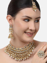Women's Gold Tone Kundan Choker Necklace Earring Maangtikka and Ring Set