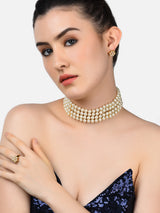 Women's Gold Tone Multistrand Pearls Beaded Choker Necklace Earring & Ring Set-ZPFK10836