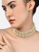 Women's Gold Tone Multistrand Pearls Beaded Choker Necklace Earring & Ring Set-ZPFK10836