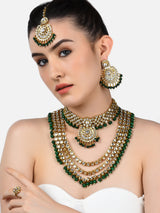 Women's Green Beads Bridal Kundan Choker & Long Necklace Earring & Maangtikka & Ring Set-ZPFK10842