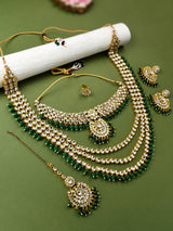 Women's Green Beads Bridal Kundan Choker & Long Necklace Earring & Maangtikka & Ring Set-ZPFK10842