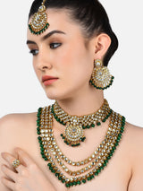 Women's Green Beads Bridal Kundan Choker & Long Necklace Earring & Maangtikka & Ring Set-ZPFK10842