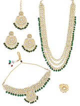 Women's Green Beads Bridal Kundan Choker & Long Necklace Earring & Maangtikka & Ring Set-ZPFK10842