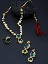 Women's Green Traditional Kundan Necklace Earring and Ring Set