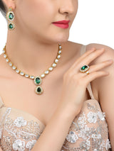 Women's Green Traditional Kundan Necklace Earring and Ring Set