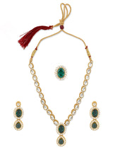 Women's Green Traditional Kundan Necklace Earring and Ring Set