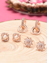 Women's Rose Gold Cubic Zirconia and Pearls Brass Stud and Drop Earring - Set of 3