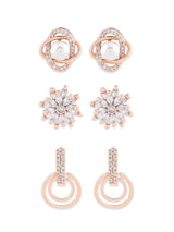Women's Rose Gold Cubic Zirconia and Pearls Brass Stud and Drop Earring - Set of 3