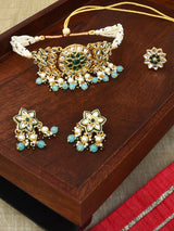 Women's Green Beads & Kundan Traditional Choker Necklace Earring & Ring Set-ZPFK11066
