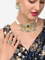 Women's Green Beads & Kundan Traditional Choker Necklace Earring & Ring Set-ZPFK11066