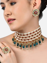 Women's Pink Kundan and Green Beads Traditional Choker Necklace Earring and Ring Set