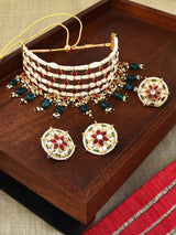 Women's Pink Kundan and Green Beads Traditional Choker Necklace Earring and Ring Set