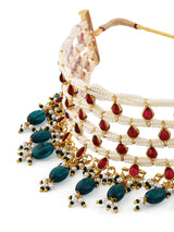 Women's Pink Kundan and Green Beads Traditional Choker Necklace Earring and Ring Set