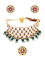 Women's Pink Kundan and Green Beads Traditional Choker Necklace Earring and Ring Set