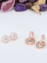 Women's Combo of 2 Rose Gold & Gold Tone Contemporary Cubic Zirconia Brass Stud & Hoop Earrings-ZPFK11161