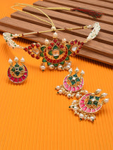 Women's Green & Pink Kundan Multistrand Choker Necklace Earring & Ring Set-ZPFK11441