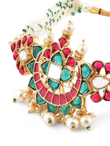 Women's Green & Pink Kundan Multistrand Choker Necklace Earring & Ring Set-ZPFK11441